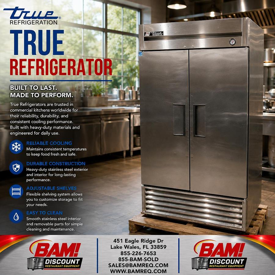 Refurbished TRUE 2 Door Commercial Reach-In Refrigerator Stainless Steel Upright Cooler