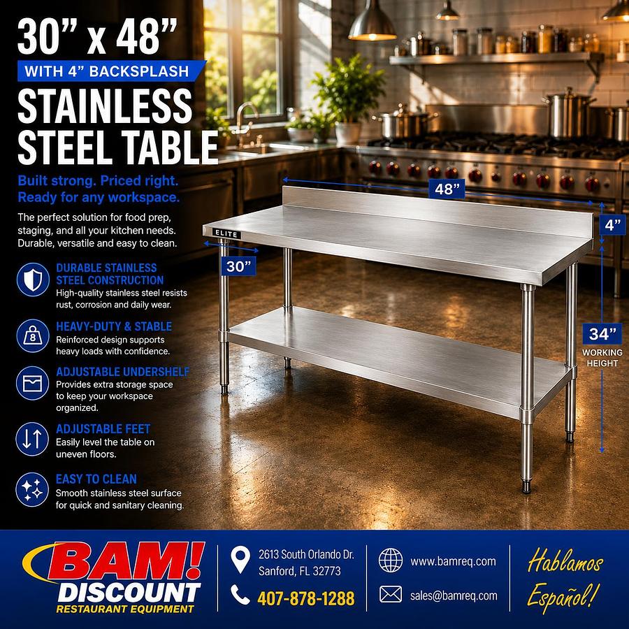 30”x48” 4" Backsplash Stainless Steel Table
