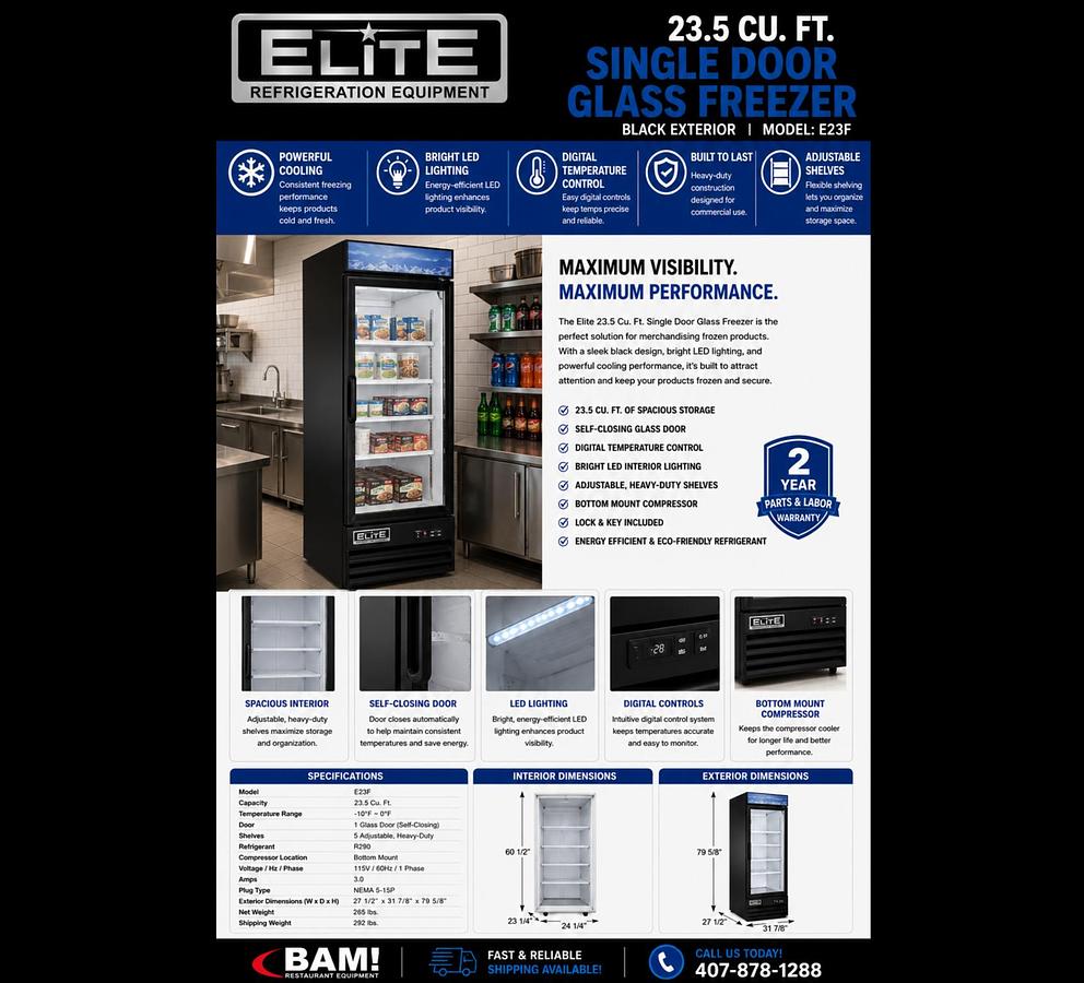 Elite 23.5 Cu. Ft. Single Door Glass Freezer – Black