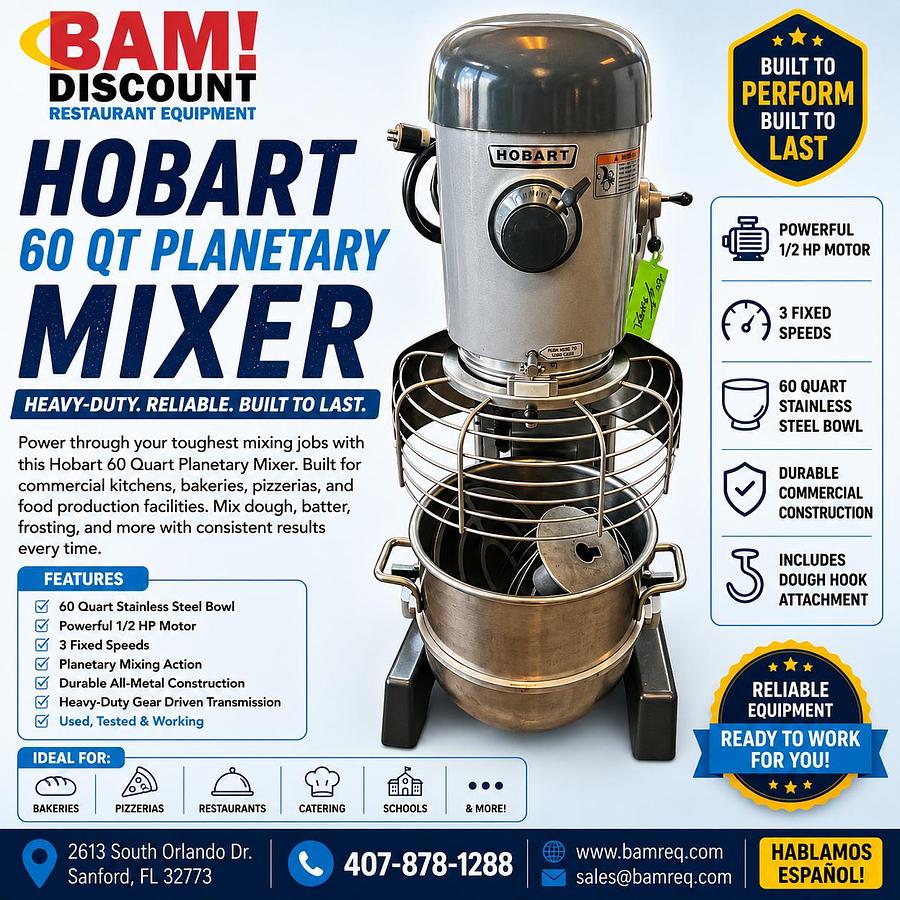 Used Hobart 60 Qt Commercial Planetary Mixer w/ Bowl, Attachments & Guard