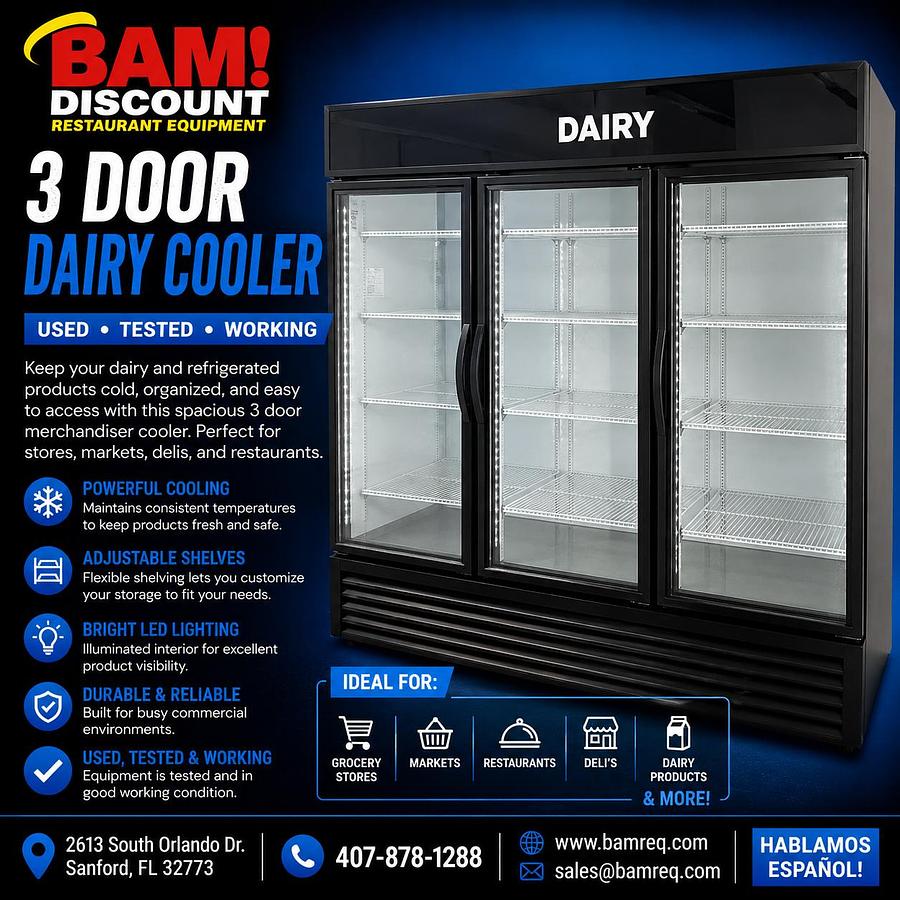 Used 3 Door Glass Door Dairy Cooler Merchandiser Refrigerator Display Case