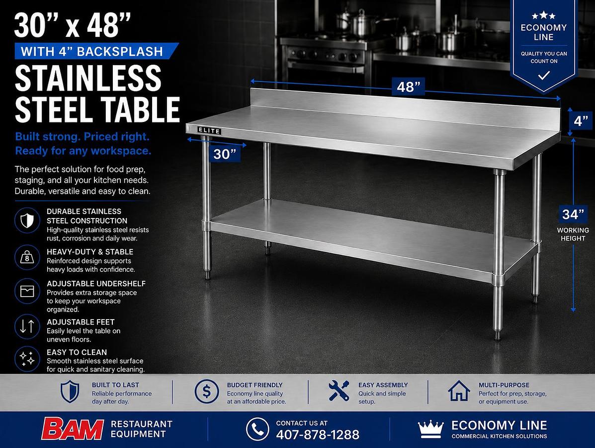 30”x48” 4" Backsplash Stainless Steel Table