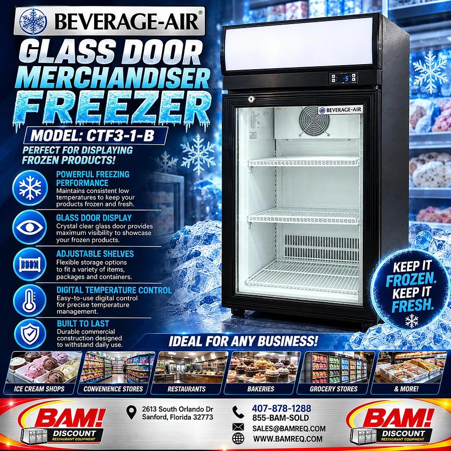 Refurbished Beverage-Air CTF3-1-B Commercial Glass Door Merchandiser Freeze