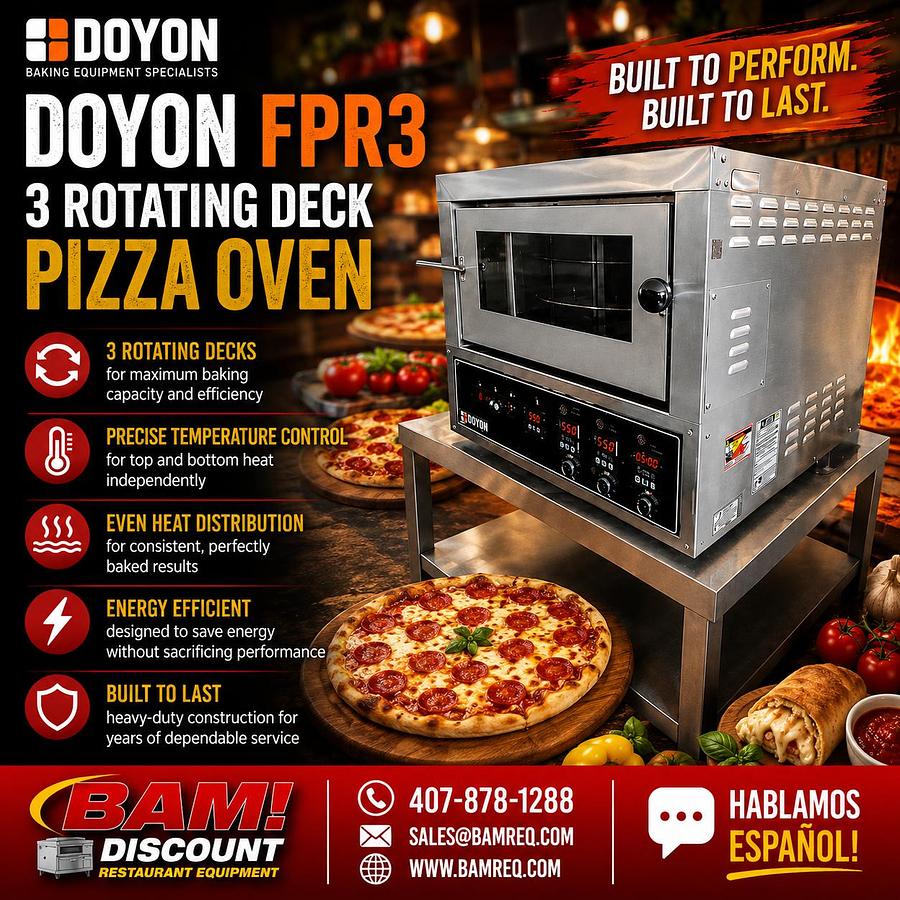 Used Doyon Model FPR3 - 3 Rotating Deck Pizza Oven - 208V 1 PhaseDoyon Model FPR3 - 3 Rotating Deck Pizza Oven - 208V 1 Phase