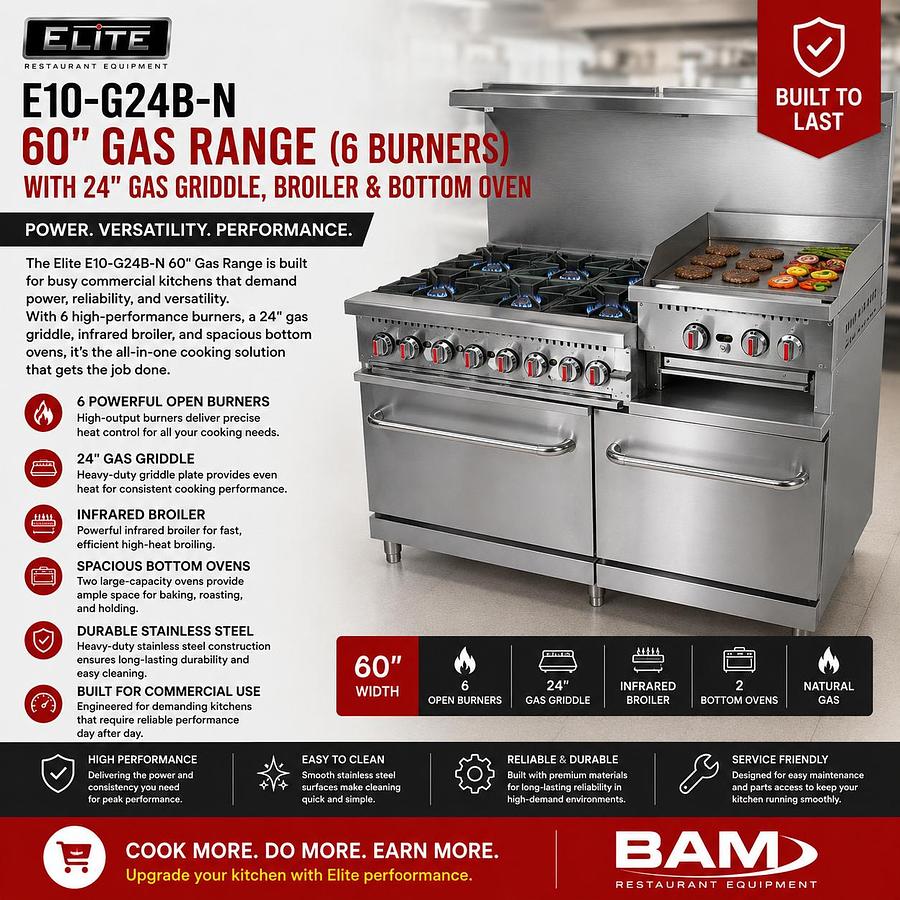 ELITE E10-G24B-N 60" Gas Range (6 Burners) with 24" Gas Griddle, Broiler & Bottom Oven