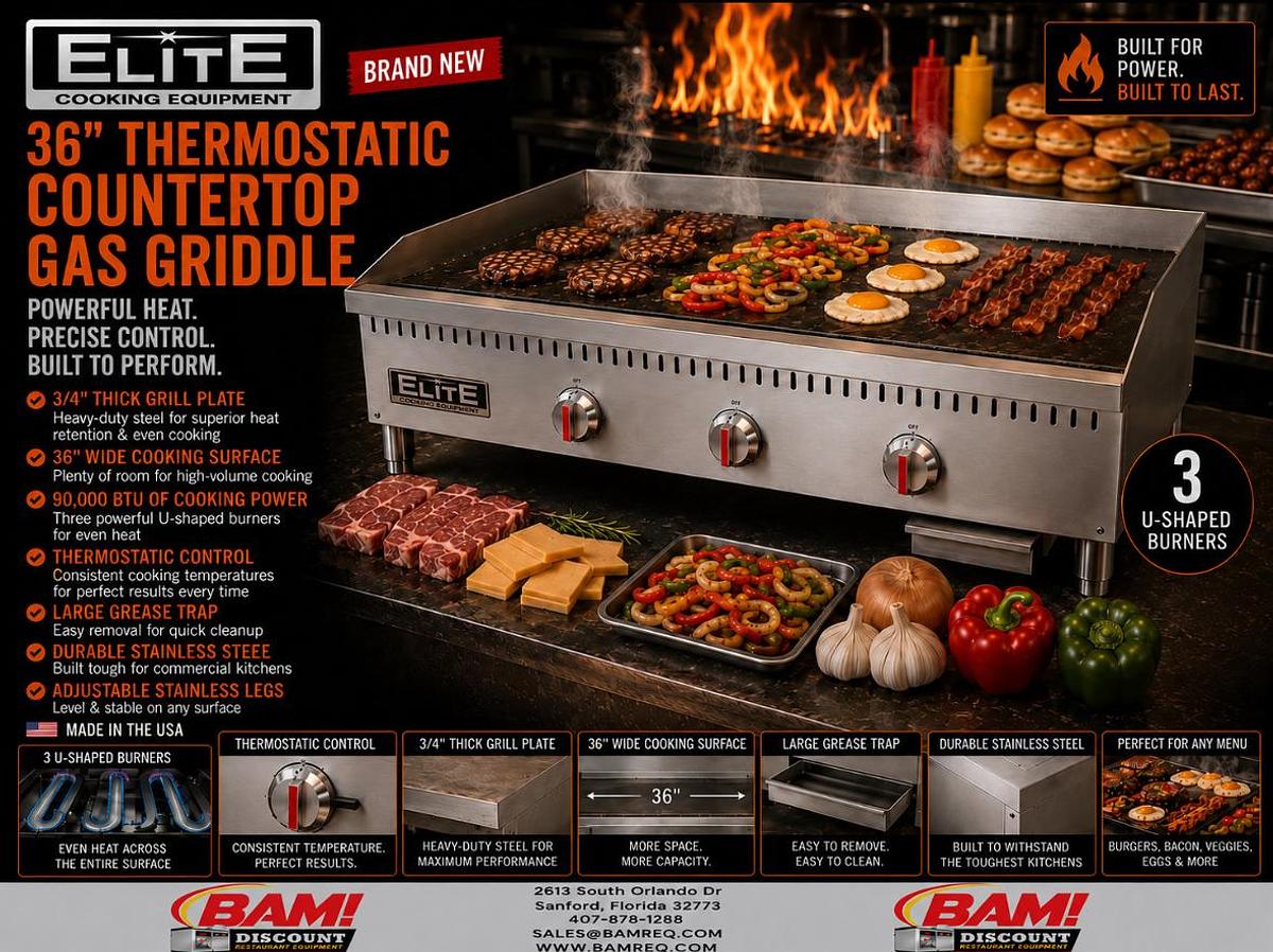 ELITE ETFG-36 Thermostatic Countertop Gas Griddle, " | 90,000 BTU