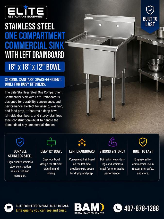 Elite Stainless Steel One Compartment Commercial Sink with Left Drainboard - 18" x 18" x 12" Bowl