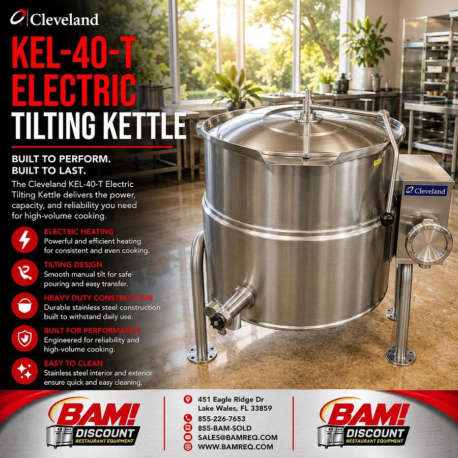 Refurbished Cleveland KEL-40-T 40 Gallon Electric Tilting Steam Jacketed Kettle Commercial