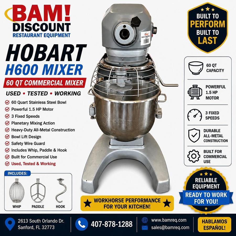 Used Hobart H600 60 Qt Commercial Planetary Mixer w/ Bowl, Hook, Whip & Paddle