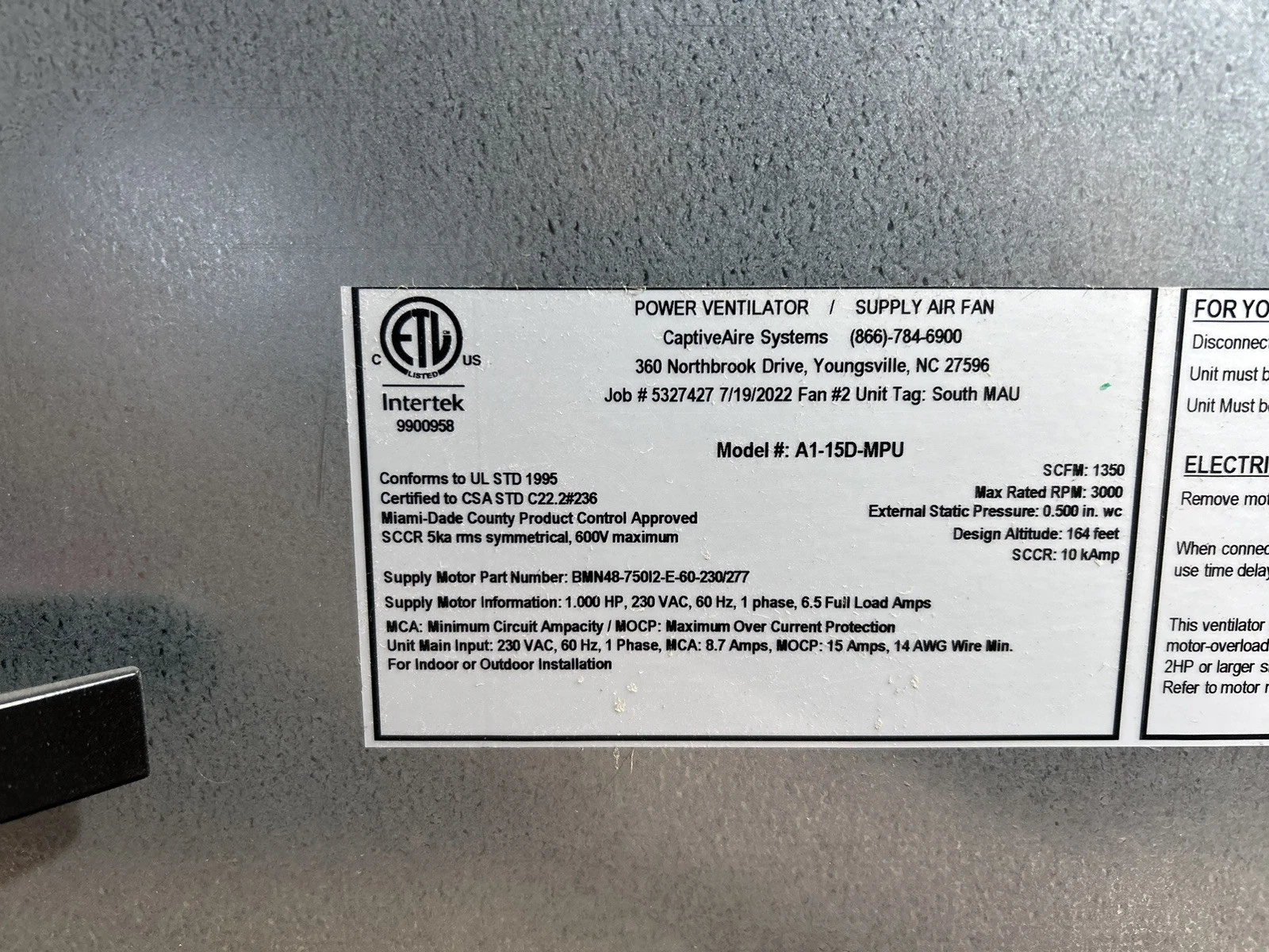 New Captive Aire Make Up Air Unit - With A/C Unit- 220v 1 Phase- 1350CFM