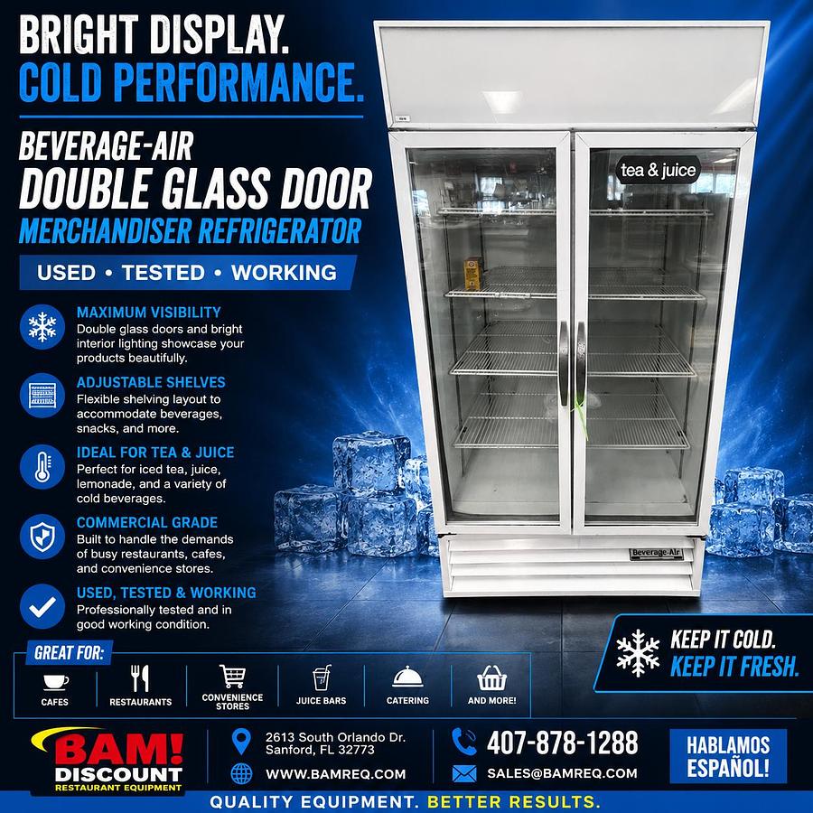 Used Beverage-Air Double Glass Door Merchandiser Refrigerator Cooler White