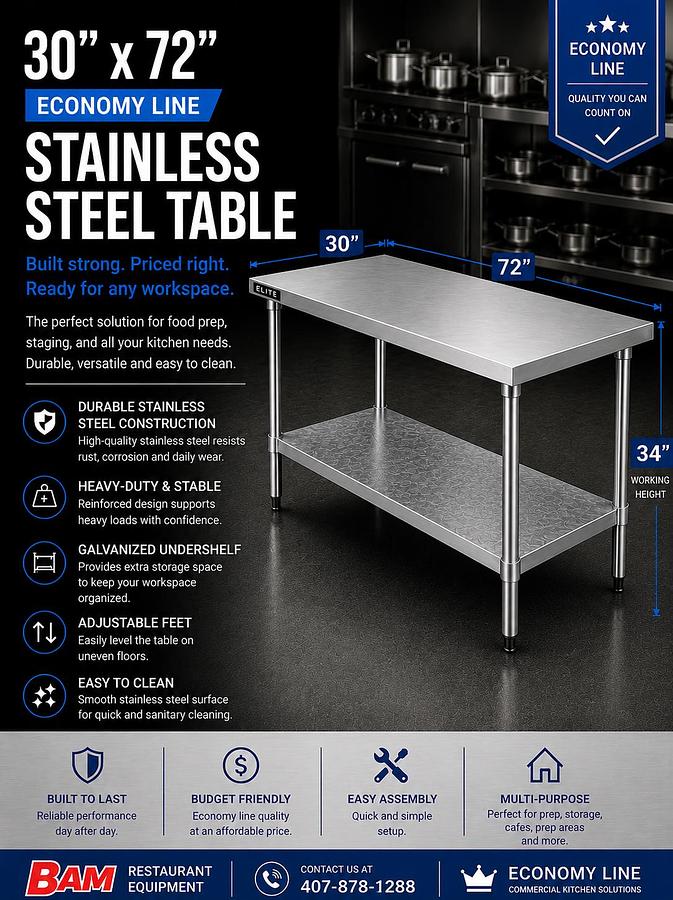 30"x72" Economy Line Stainless Steel Table