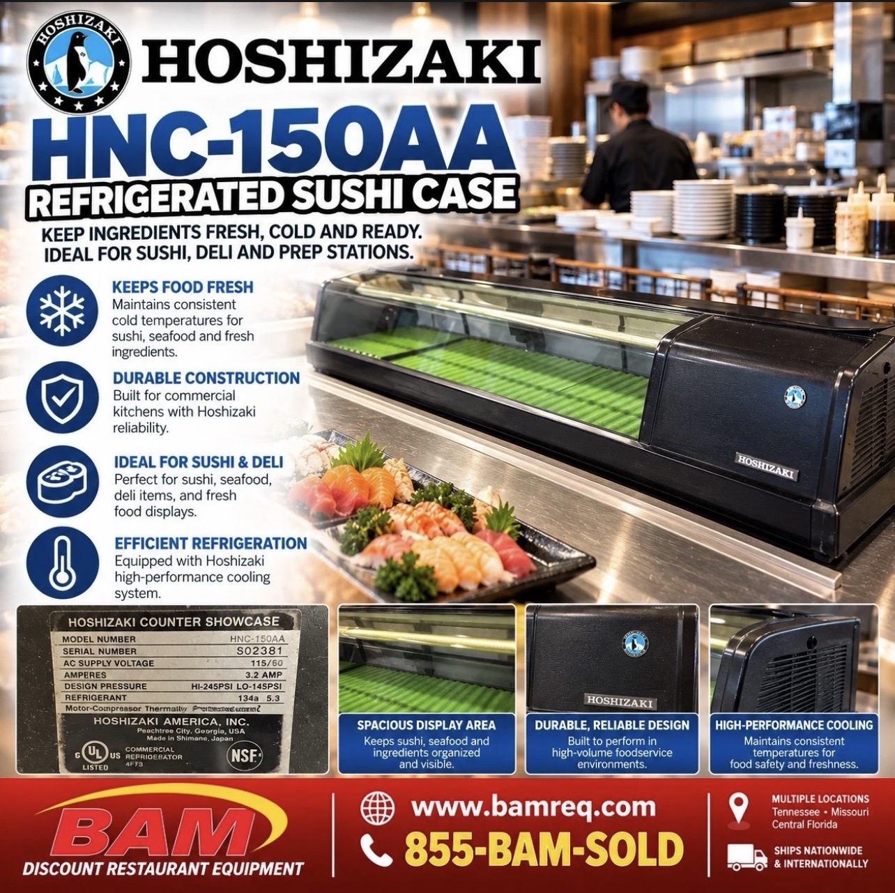 Refurbished HOSHIZAKI HNC-150AA COMMERCIAL REFRIGERATED SUSHI DISPLAY CASE – COUNTERTOP REFRIGERATOR – 115V