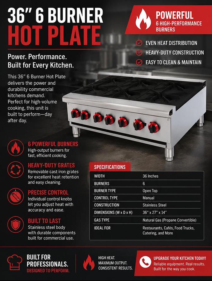 ELITE HS-6 Heavy Duty Stainless Steel 36" Six Burner Hot Plate