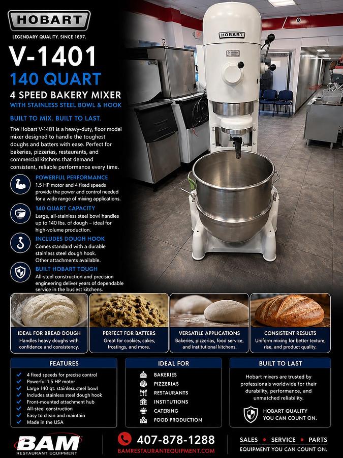 Refurbished Hobart (V-1401) 140 Quart 4 Speed Bakery Dough Food Mixer With S/S Bowl & Hook