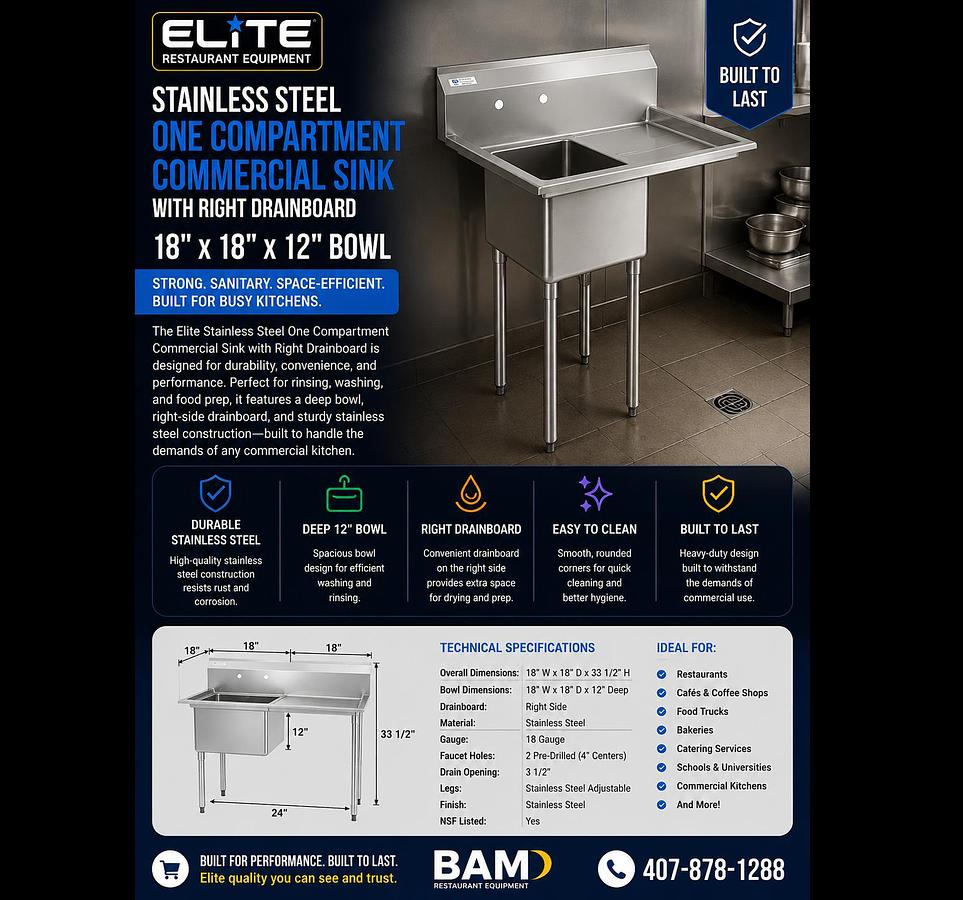 Elite Stainless Steel One Compartment Commercial Sink with Right Drainboard - 18" x 18" x 12" Bowl