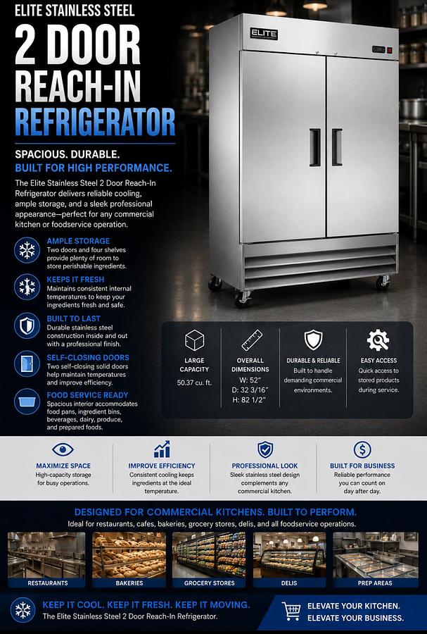 Used Commercial Refrigerator Reach-In Two door Stainless Steel By Hoshizaki- 120v