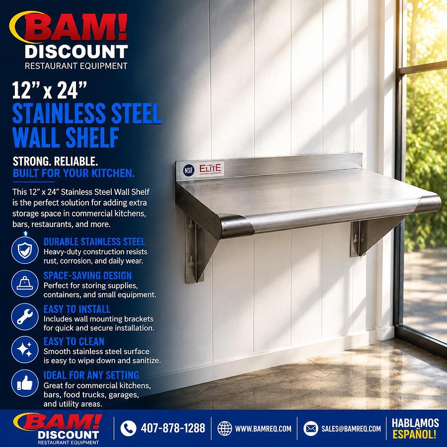Used Elite 12" x 24" Stainless Steel Wall Shelf with 1 1/2" Backsplash – NSF Commercial Shelf
