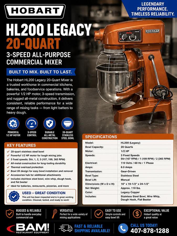 Refurbished Hobart HL200 Legacy 20-Quart 3-Speed All-Purpose Commercial Mixer 110Volts 1/2HPHobart HL200 Legacy 20-Quart 3-Speed All-Purpose Commercial Mixer 110Volts 1/2HP