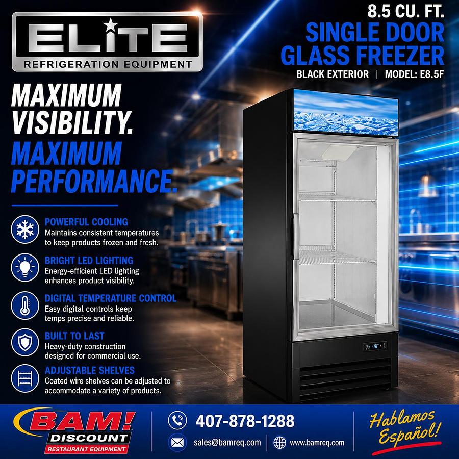 Elite Glass Single Door Freezer 8.5Cu. Ft.