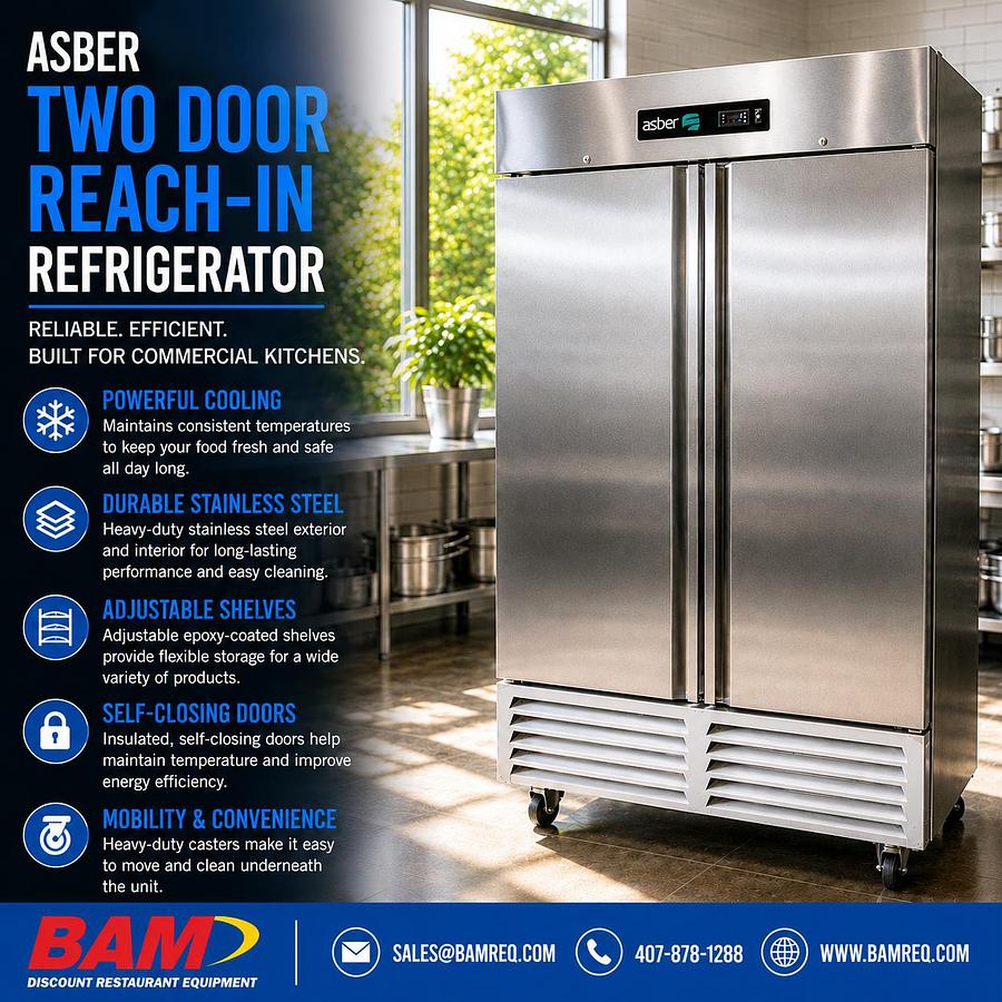 Used Asber Two Door Reach-In Refrigerator – Commercial Upright Refrigerator – Stainless Steel – 115V