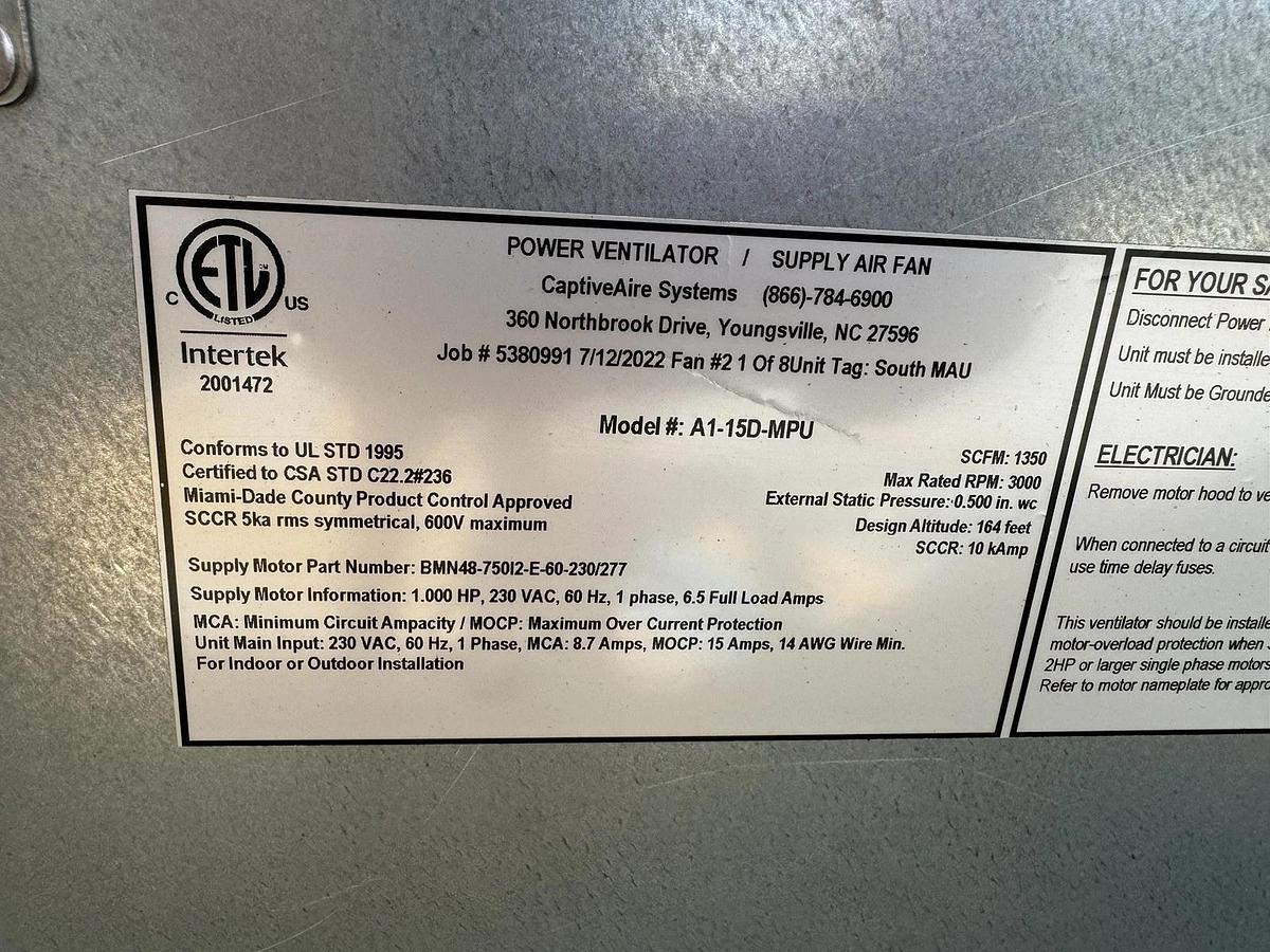 New Captive Aire Make Up Air Unit - With A/C Unit- 220v 1 Phase- 1350CFM