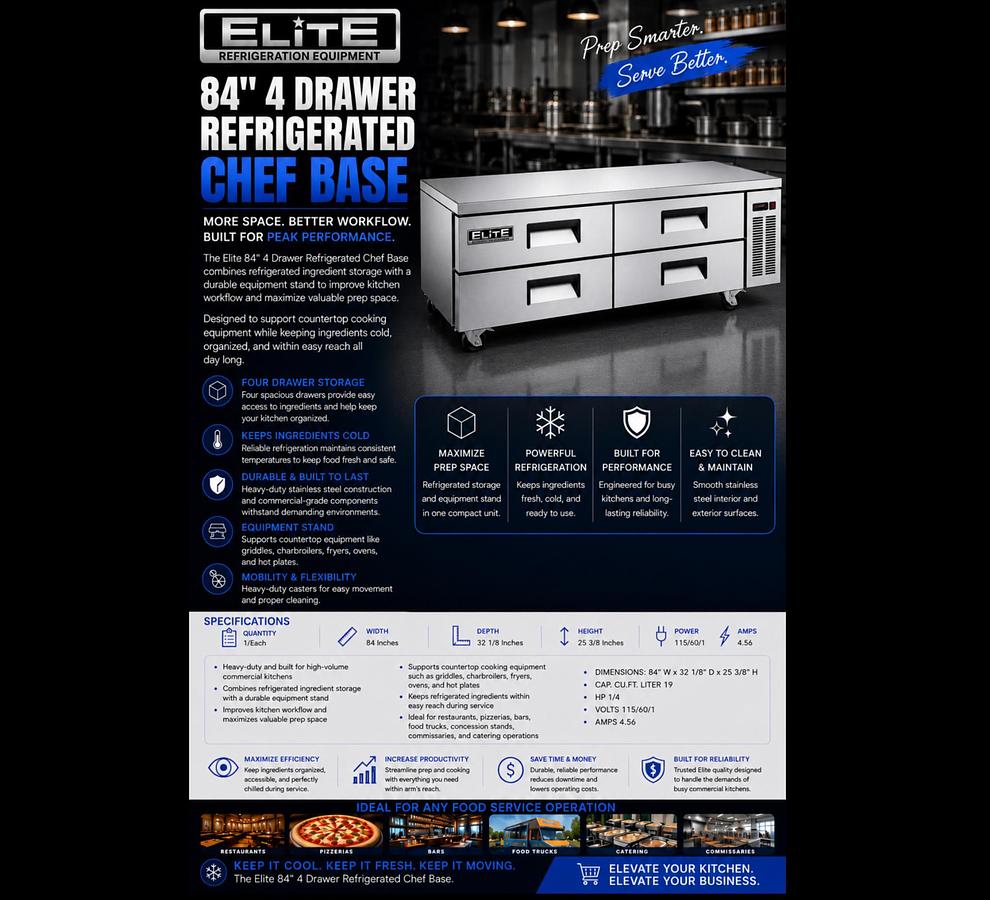 Elite 84″ 4 Drawer Refrigerated Chef Base