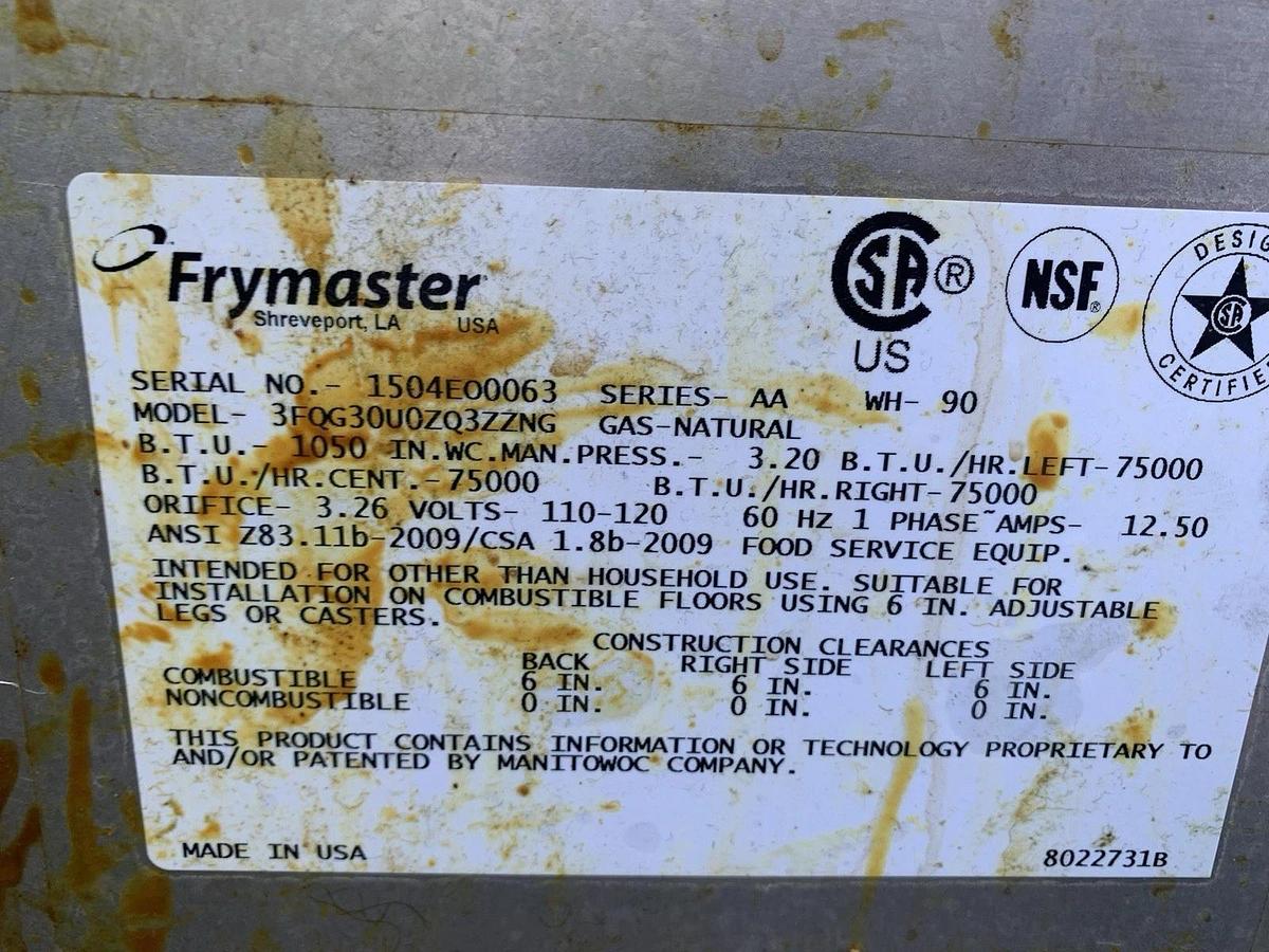 Used Frymaster 3 BAY Fryer, Natural Gas, Filtration System- Working Condition