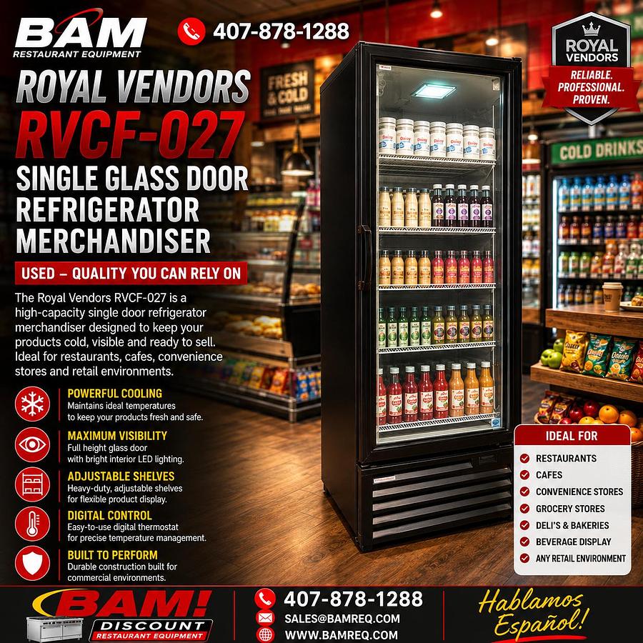 Used ROYAL VENDORS RVCF-027 SINGLE GLASS DOOR REFRIGERATOR MERCHANDISER USED