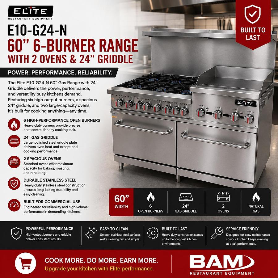 ELITE E10-G24-N 60" 6-Burner Range with 2 Ovens & 24" Griddle | Natural Gas