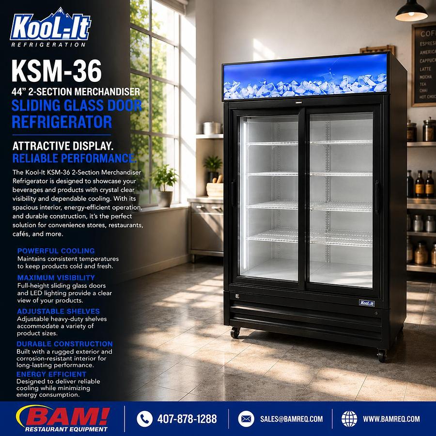 Used Kool-It KSM-36 44” 2-Section Merchandiser Refrigerator with Sliding Glass Door, 31 cu. ft.Kool-It KSM-36 44” 2-Section Merchandiser Refrigerator with Sliding Glass Door, 31 cu. ft.