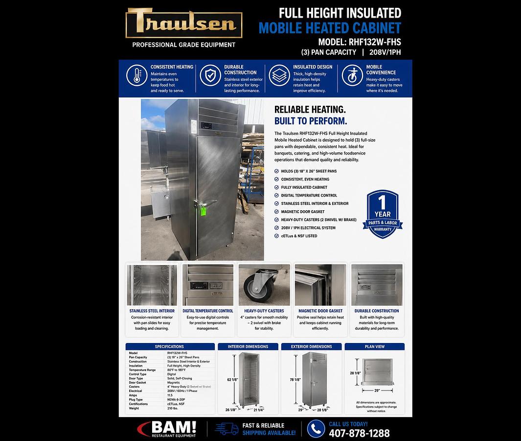 Used Traulsen RHF132W-FHS Full Height Insulated Mobile Heated Cabinet w/ (3) Pan Capacity, 208v/1phTraulsen RHF132W-FHS Full Height Insulated Mobile Heated Cabinet w/ (3) Pan Capacity, 208v/1ph