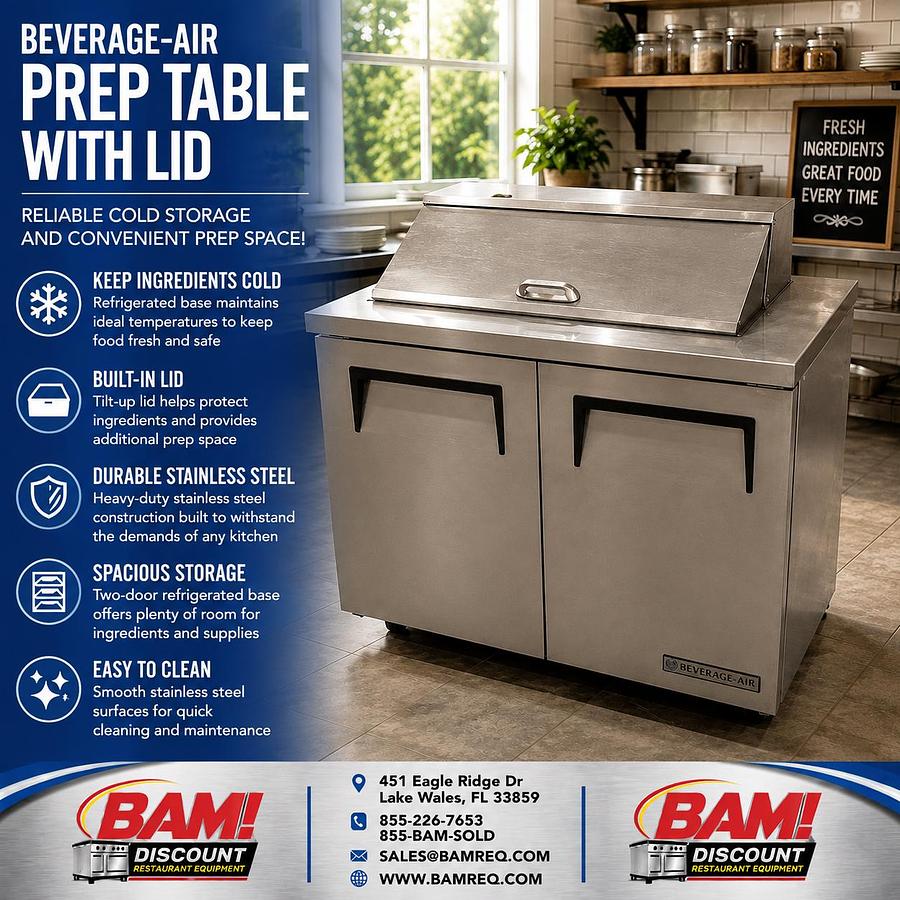 Refurbished Beverage-Air 2 Door Refrigerated Prep Table w/ Hinged Lid