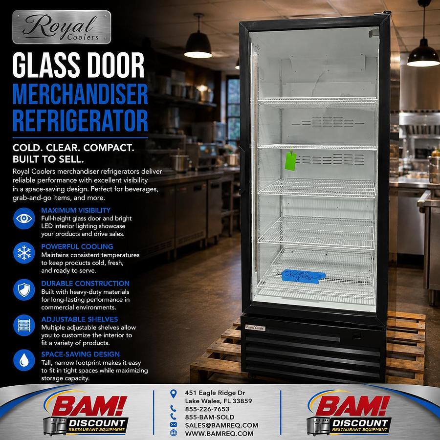 Refurbished Royal Coolers 1 Door Glass Merchandiser Refrigerator Commercial Reach-In Cooler