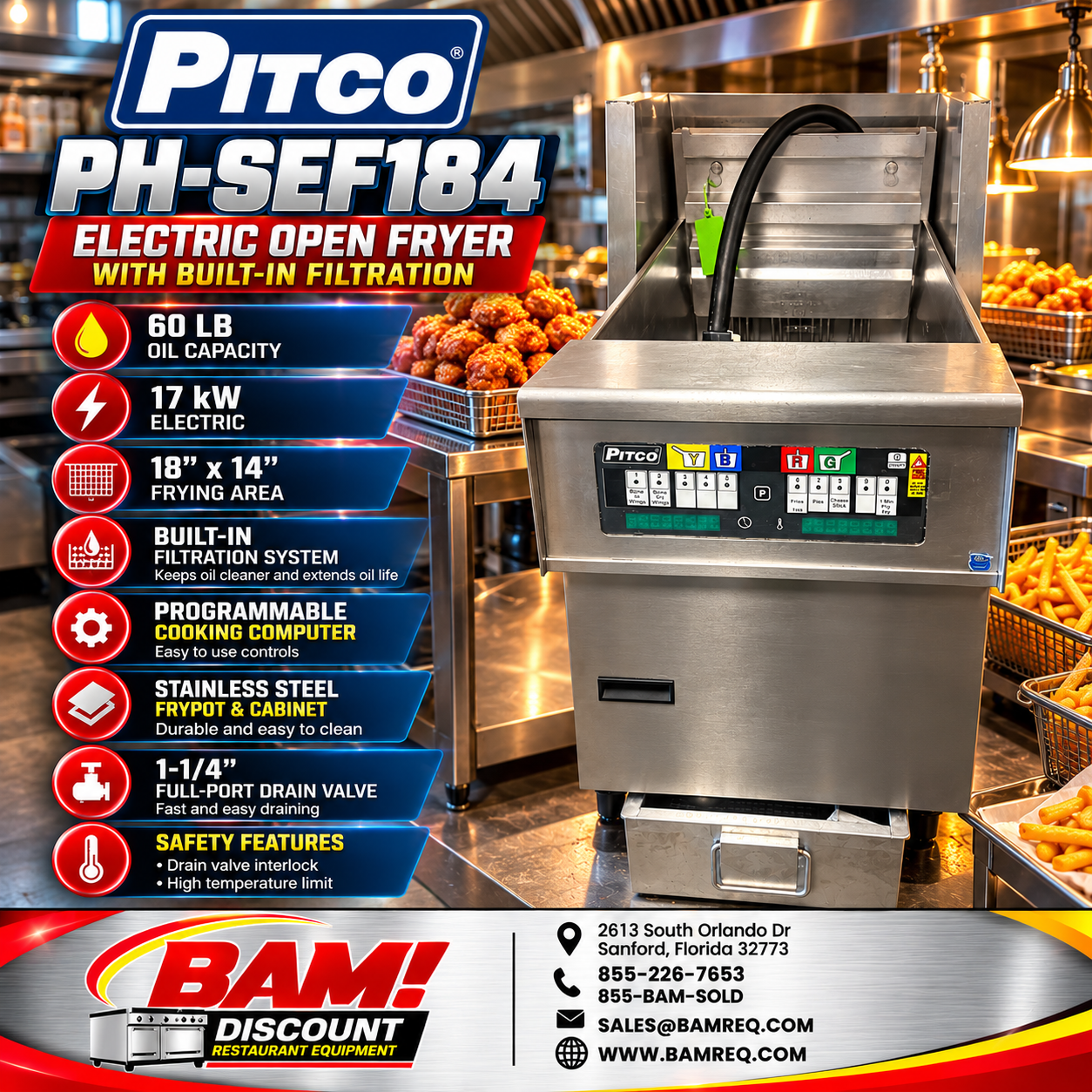 Refurbished Pitco PH-SEF184 Electric Fryer with Built-In Filtration – 60 lb Capacity – 17 kW