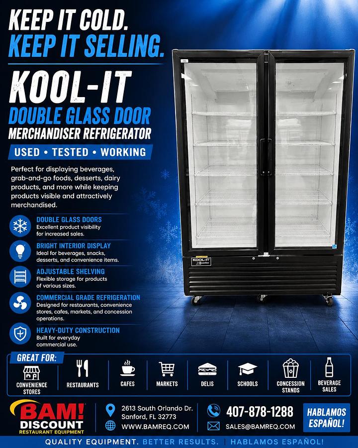 Used Kool-It Double Glass Door Merchandiser Refrigerator Commercial Reach-In