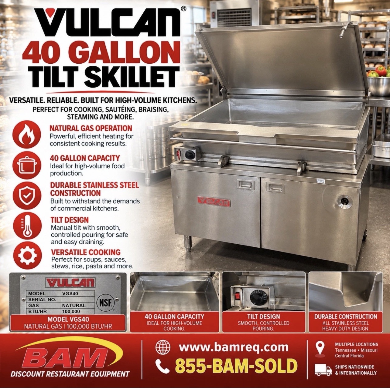 Refurbished VULCAN VGS40 40 GALLON NATURAL GAS TILT SKILLET / BRAISING PAN – 100,000 BTU
