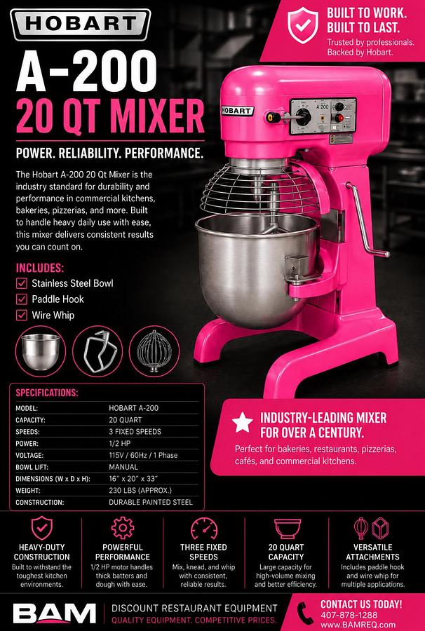 Used HOBART A 200 20 QT Mixer Includes Guard, Bowl & Pattle Hook & Whip 115VHOBART A 200 20 QT Mixer Includes Guard, Bowl & Pattle Hook & Whip 115V