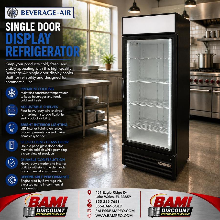 Refurbished Beverage-Air Single Door Glass Merchandiser Display Refrigerator Commercial Cooler