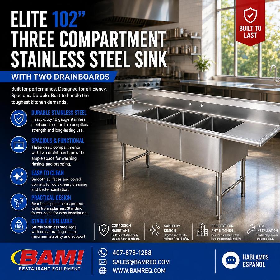 Elite 102” Three Compartment Stainless Steel Sink With Two Drainboards