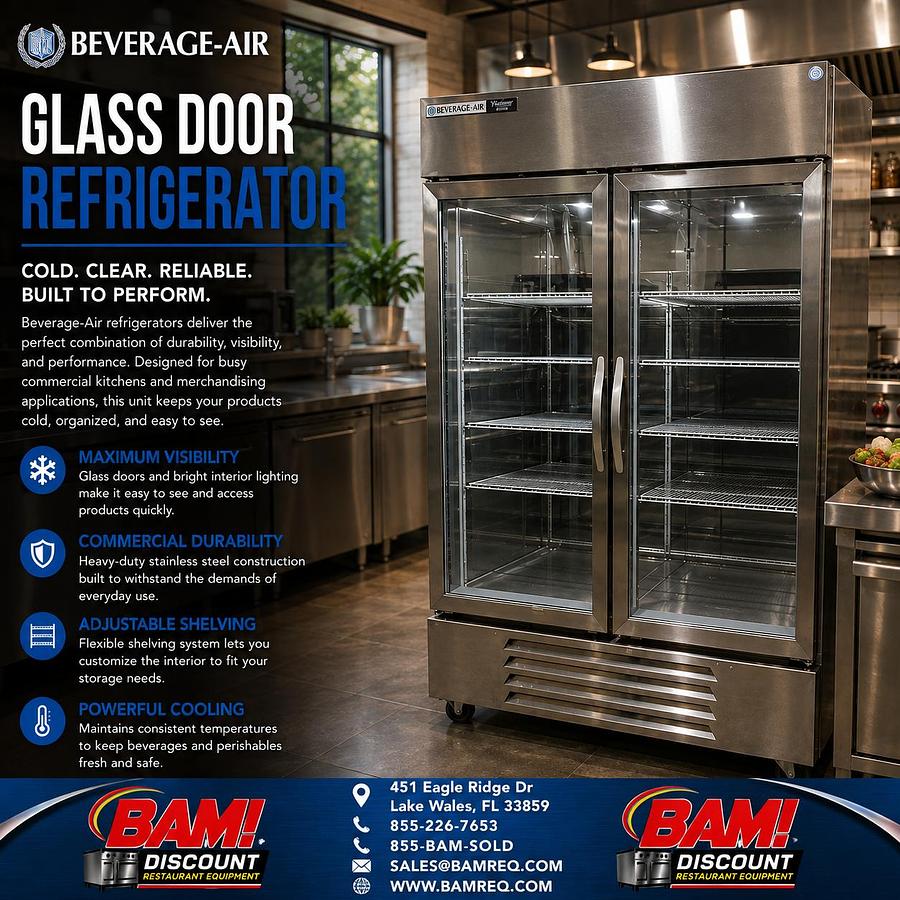 Refurbished Beverage-Air 2 Door Glass Reach-In Refrigerator Commercial Stainless Steel Cooler