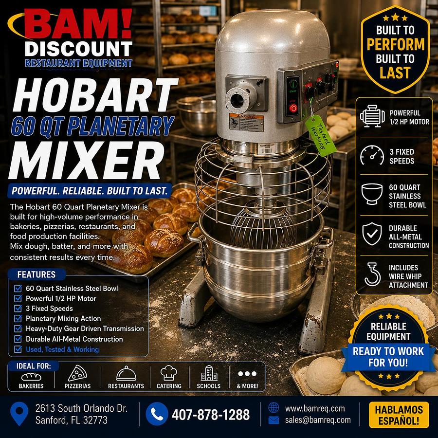 Used Hobart 60 Qt Commercial Planetary Mixer w/ Bowl, Whip & Hub Attachment