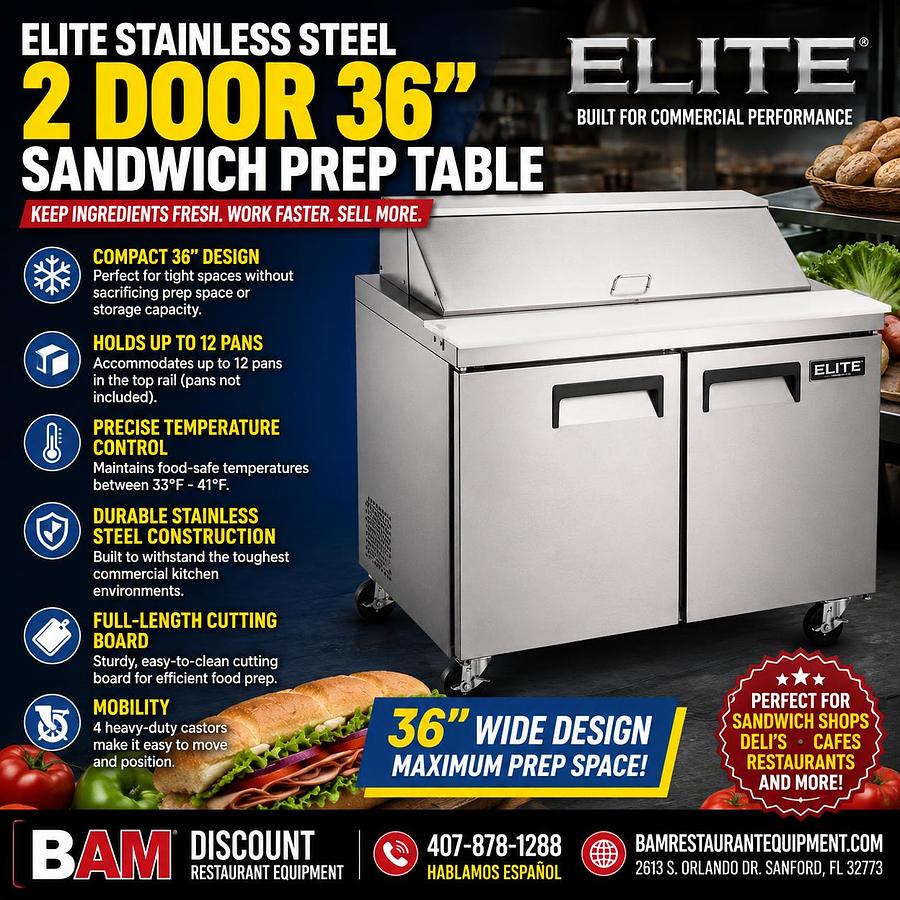 Elite Stainless Steel 2 Door 36" Sandwich Prep Table on Castors