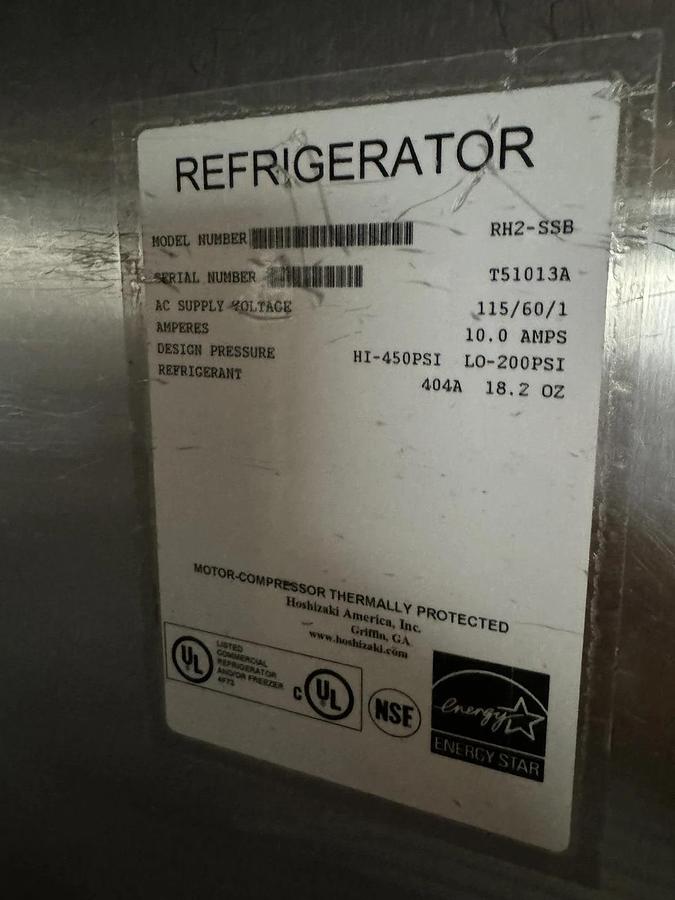 Used Commercial Refrigerator Reach-In Two door Stainless Steel By Hoshizaki- 120v
