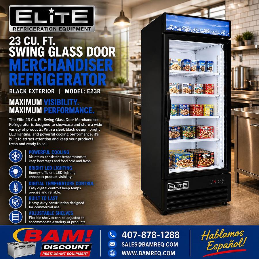 Elite Black Swing Glass Door Merchandiser Refrigerator with LED Lighting 23Cu. Ft.