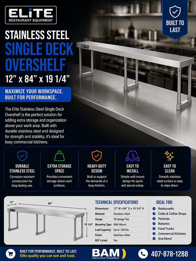 Elite Stainless Steel Single Deck Overshelf - 12" x 84" x 19 1/4"