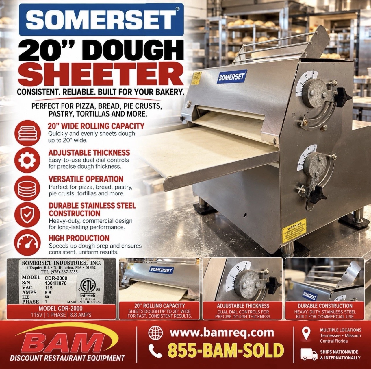 Refurbished Somerset CDR-2000 Commercial 20” Dough Sheeter – 115V Single Phase