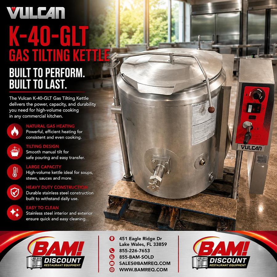 Refurbished Vulcan K-40-GLT 40 Gallon Gas Tilting Steam Jacketed Kettle Commercial Kitchen