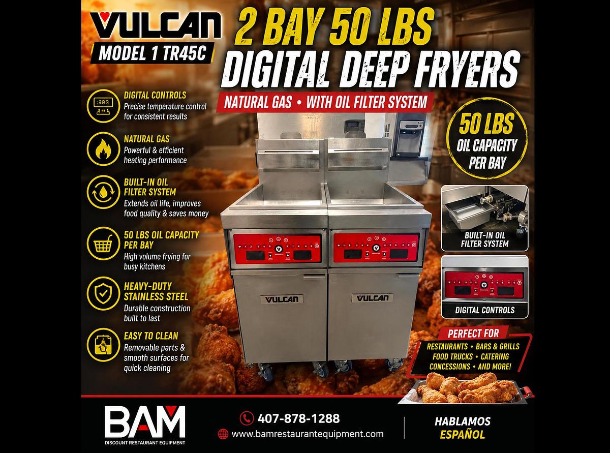 Used Vulcan Model 1 TR45C Natural Gas 2 Bay 50 Lbs Digital Deep Fryers W/ Oil FilterVulcan Model 1 TR45C Natural Gas 2 Bay 50 Lbs Digital Deep Fryers W/ Oil Filter