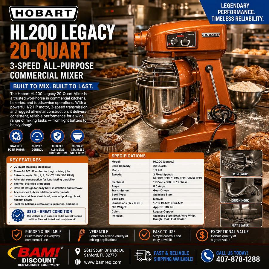 Refurbished Hobart HL200 Legacy 20-Quart 3-Speed All-Purpose Commercial Mixer 110Volts 1/2HPHobart HL200 Legacy 20-Quart 3-Speed All-Purpose Commercial Mixer 110Volts 1/2HP